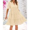 imageBTFBM Womens Boho Summer Dresses 2026 Spring V Neck Short Sleeve Hollow Out Lace Ruffle Casual Beach Mini Vacation DressBeige