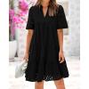 imageBTFBM Womens Boho Summer Dresses 2026 Spring V Neck Short Sleeve Hollow Out Lace Ruffle Casual Beach Mini Vacation DressBlack