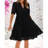 imageBTFBM Womens Boho Summer Dresses 2026 Spring V Neck Short Sleeve Hollow Out Lace Ruffle Casual Beach Mini Vacation DressBlack