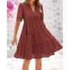 imageBTFBM Womens Boho Summer Dresses 2026 Spring V Neck Short Sleeve Hollow Out Lace Ruffle Casual Beach Mini Vacation DressBrown Red