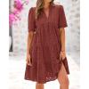 imageBTFBM Womens Boho Summer Dresses 2026 Spring V Neck Short Sleeve Hollow Out Lace Ruffle Casual Beach Mini Vacation DressBrown Red