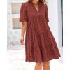 imageBTFBM Womens Boho Summer Dresses 2026 Spring V Neck Short Sleeve Hollow Out Lace Ruffle Casual Beach Mini Vacation DressBrown Red
