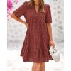 imageBTFBM Womens Boho Summer Dresses 2026 Spring V Neck Short Sleeve Hollow Out Lace Ruffle Casual Beach Mini Vacation DressBrown Red