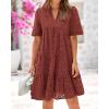 imageBTFBM Womens Boho Summer Dresses 2026 Spring V Neck Short Sleeve Hollow Out Lace Ruffle Casual Beach Mini Vacation DressBrown Red