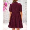 imageBTFBM Womens Boho Summer Dresses 2026 Spring V Neck Short Sleeve Hollow Out Lace Ruffle Casual Beach Mini Vacation DressBurgundy