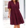 imageBTFBM Womens Boho Summer Dresses 2026 Spring V Neck Short Sleeve Hollow Out Lace Ruffle Casual Beach Mini Vacation DressBurgundy