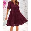 imageBTFBM Womens Boho Summer Dresses 2026 Spring V Neck Short Sleeve Hollow Out Lace Ruffle Casual Beach Mini Vacation DressBurgundy
