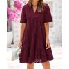 imageBTFBM Womens Boho Summer Dresses 2026 Spring V Neck Short Sleeve Hollow Out Lace Ruffle Casual Beach Mini Vacation DressBurgundy