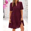 imageBTFBM Womens Boho Summer Dresses 2026 Spring V Neck Short Sleeve Hollow Out Lace Ruffle Casual Beach Mini Vacation DressBurgundy
