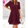 imageBTFBM Womens Boho Summer Dresses 2026 Spring V Neck Short Sleeve Hollow Out Lace Ruffle Casual Beach Mini Vacation DressBurgundy