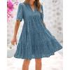 imageBTFBM Womens Boho Summer Dresses 2026 Spring V Neck Short Sleeve Hollow Out Lace Ruffle Casual Beach Mini Vacation DressGrey Blue