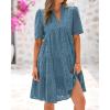 imageBTFBM Womens Boho Summer Dresses 2026 Spring V Neck Short Sleeve Hollow Out Lace Ruffle Casual Beach Mini Vacation DressGrey Blue