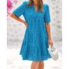 imageBTFBM Womens Boho Summer Dresses 2026 Spring V Neck Short Sleeve Hollow Out Lace Ruffle Casual Beach Mini Vacation DressLake Blue