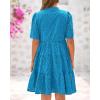 imageBTFBM Womens Boho Summer Dresses 2026 Spring V Neck Short Sleeve Hollow Out Lace Ruffle Casual Beach Mini Vacation DressLake Blue