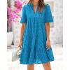 imageBTFBM Womens Boho Summer Dresses 2026 Spring V Neck Short Sleeve Hollow Out Lace Ruffle Casual Beach Mini Vacation DressLake Blue