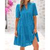 imageBTFBM Womens Boho Summer Dresses 2026 Spring V Neck Short Sleeve Hollow Out Lace Ruffle Casual Beach Mini Vacation DressLake Blue