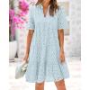 imageBTFBM Womens Boho Summer Dresses 2026 Spring V Neck Short Sleeve Hollow Out Lace Ruffle Casual Beach Mini Vacation DressLight Blue