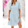 imageBTFBM Womens Boho Summer Dresses 2026 Spring V Neck Short Sleeve Hollow Out Lace Ruffle Casual Beach Mini Vacation DressLight Blue