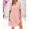 imageBTFBM Womens Boho Summer Dresses 2026 Spring V Neck Short Sleeve Hollow Out Lace Ruffle Casual Beach Mini Vacation DressPink