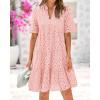 imageBTFBM Womens Boho Summer Dresses 2026 Spring V Neck Short Sleeve Hollow Out Lace Ruffle Casual Beach Mini Vacation DressPink