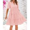 imageBTFBM Womens Boho Summer Dresses 2026 Spring V Neck Short Sleeve Hollow Out Lace Ruffle Casual Beach Mini Vacation DressPink