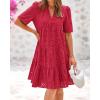 imageBTFBM Womens Boho Summer Dresses 2026 Spring V Neck Short Sleeve Hollow Out Lace Ruffle Casual Beach Mini Vacation DressRed