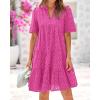 imageBTFBM Womens Boho Summer Dresses 2026 Spring V Neck Short Sleeve Hollow Out Lace Ruffle Casual Beach Mini Vacation DressRose Red