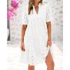 imageBTFBM Womens Boho Summer Dresses 2026 Spring V Neck Short Sleeve Hollow Out Lace Ruffle Casual Beach Mini Vacation DressWhite