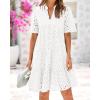 imageBTFBM Womens Boho Summer Dresses 2026 Spring V Neck Short Sleeve Hollow Out Lace Ruffle Casual Beach Mini Vacation DressWhite