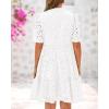 imageBTFBM Womens Boho Summer Dresses 2026 Spring V Neck Short Sleeve Hollow Out Lace Ruffle Casual Beach Mini Vacation DressWhite