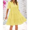 imageBTFBM Womens Boho Summer Dresses 2026 Spring V Neck Short Sleeve Hollow Out Lace Ruffle Casual Beach Mini Vacation DressYellow
