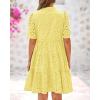 imageBTFBM Womens Boho Summer Dresses 2026 Spring V Neck Short Sleeve Hollow Out Lace Ruffle Casual Beach Mini Vacation DressYellow