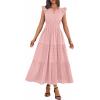 imageBTFBM Womens Summer Maxi Dress 2026 Spring Boho Vacation Ruffle Flutter Short Sleeve A Line Tiered Flowy Dresses PocketsPink