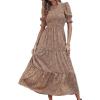 imageBTFBM Women Casual Summer Dresses 2026 Spring Crew Neck Ruffle Short Sleeve Smocked Floral Boho Flowy Maxi Dress ClothesDot Apricot Brown
