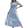 imageBTFBM Women Casual Summer Dresses 2026 Spring Crew Neck Ruffle Short Sleeve Smocked Floral Boho Flowy Maxi Dress ClothesDot Blue White