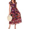 imageBTFBM Women Summer Bohemian Floral Casual Wrap V Neck Ruffle Cap Sleeveless Belt ALine Pleated Hem Midi Sun Dress WhiteBlue Orange Flower