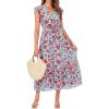 imageBTFBM Women Summer Bohemian Floral Casual Wrap V Neck Ruffle Cap Sleeveless Belt ALine Pleated Hem Midi Sun Dress WhiteBlue Red Flower