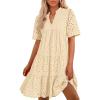 imageBTFBM Womens Boho Summer Dresses 2026 Spring V Neck Short Sleeve Hollow Out Lace Ruffle Casual Beach Mini Vacation DressBeige