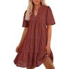 imageBTFBM Womens Boho Summer Dresses 2026 Spring V Neck Short Sleeve Hollow Out Lace Ruffle Casual Beach Mini Vacation DressBrown Red