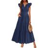 imageBTFBM Womens Summer Maxi Dress 2026 Spring Boho Vacation Ruffle Flutter Short Sleeve A Line Tiered Flowy Dresses PocketsNavy Blue