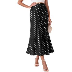 imageBTFBM Midi Skirts for Women 2026 Summer Spring Lightweight A Line High Waisted Wedding Guest Party Silk Long SkirtDot Black White