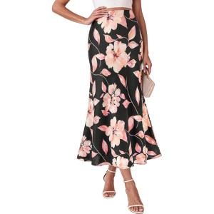 imageBTFBM Midi Skirts for Women 2026 Summer Spring Lightweight A Line High Waisted Wedding Guest Party Silk Long SkirtFloral Black Pink