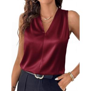 imageBTFBM Tank Tops for Women Summer 2026 Satin V Neck Pleated Sleeveless Silk Spring Work Blouse Business Casual OutfitsBurgundy