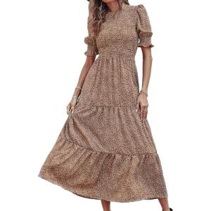 imageBTFBM Women Casual Summer Dresses 2026 Spring Crew Neck Ruffle Short Sleeve Smocked Floral Boho Flowy Maxi Dress ClothesDot Apricot Brown