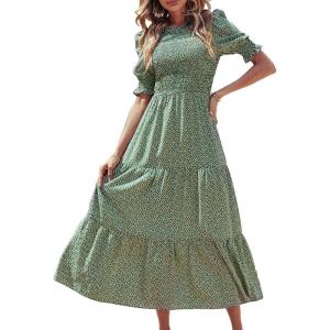imageBTFBM Women Casual Summer Dresses 2026 Spring Crew Neck Ruffle Short Sleeve Smocked Floral Boho Flowy Maxi Dress ClothesDot Green White