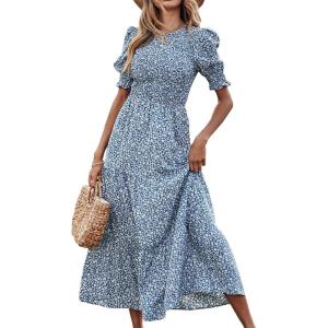 imageBTFBM Women Casual Summer Dresses 2026 Spring Crew Neck Ruffle Short Sleeve Smocked Floral Boho Flowy Maxi Dress ClothesFloral Blue White