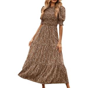 imageBTFBM Women Casual Summer Dresses 2026 Spring Crew Neck Ruffle Short Sleeve Smocked Floral Boho Flowy Maxi Dress ClothesFloral Coffee White