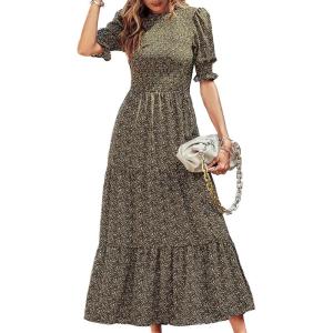 imageBTFBM Women Casual Summer Dresses 2026 Spring Crew Neck Ruffle Short Sleeve Smocked Floral Boho Flowy Maxi Dress ClothesFloral Green