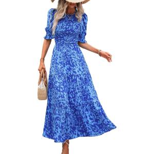 imageBTFBM Women Casual Summer Dresses 2026 Spring Crew Neck Ruffle Short Sleeve Smocked Floral Boho Flowy Maxi Dress ClothesPrint Blue