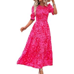 imageBTFBM Women Casual Summer Dresses 2026 Spring Crew Neck Ruffle Short Sleeve Smocked Floral Boho Flowy Maxi Dress ClothesPrint Rose Red